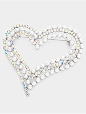 Crystal Heart Brooch Pin - Iridescent and White